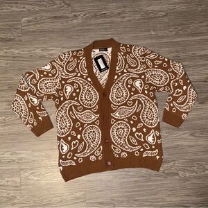 NWT Boohoo Man Bandana Print Knitted Cardigan Brown & White Mens Sz XL